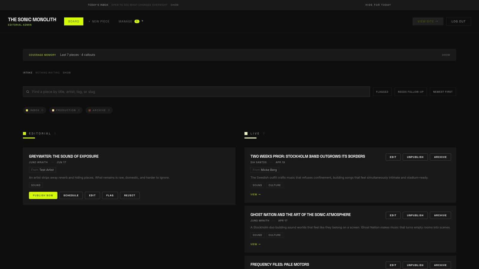 The Sonic Monolith admin board: a piece in the editorial column with publish, schedule, edit, flag, and reject actions, next to the list of live pieces