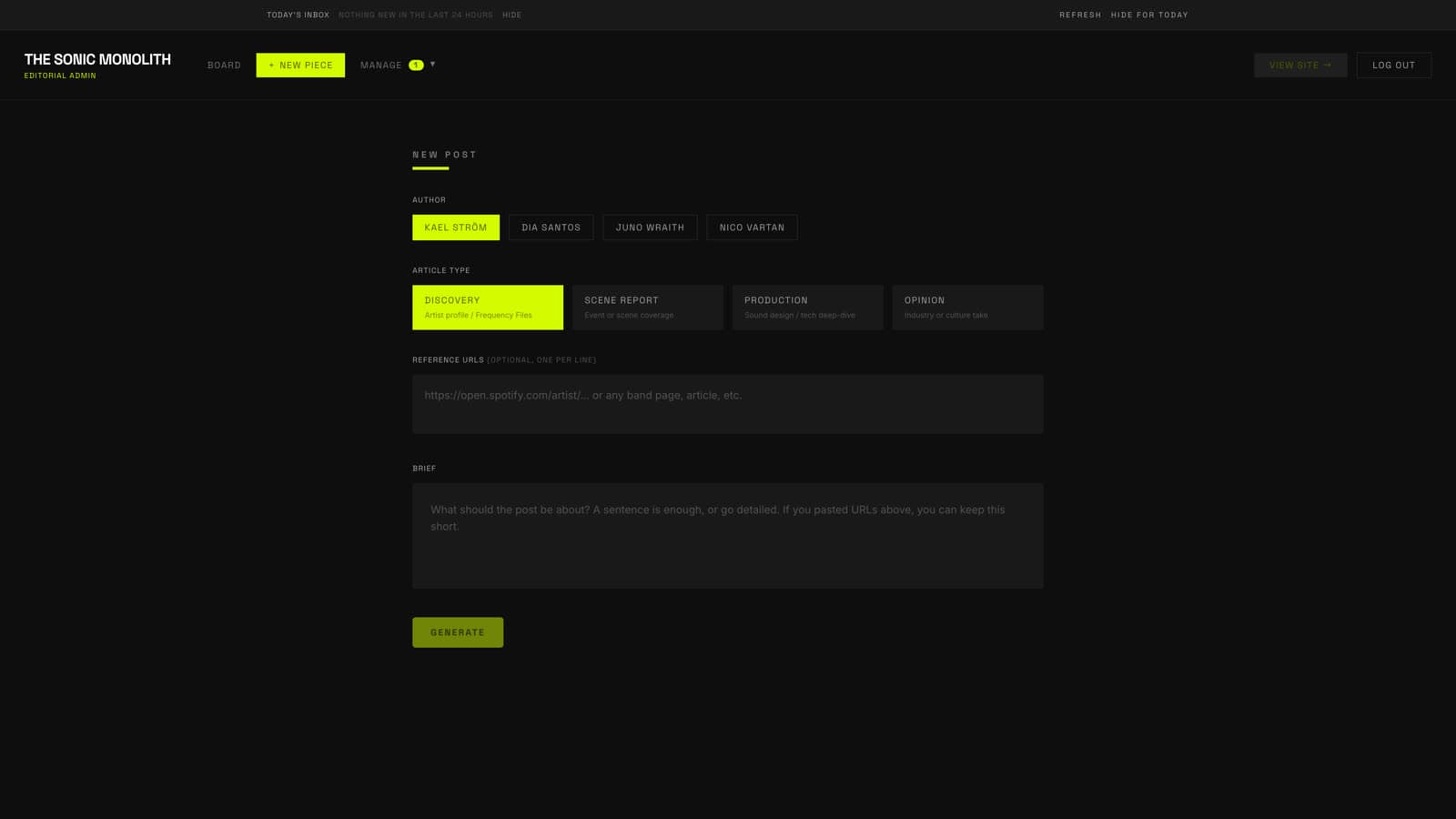 The compose view: pick an author voice, an article type, paste reference links, write a brief, and generate a draft